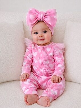 before and ever kids love you more pink heart onesie sleeper 12 month with bow